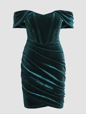 Cider Green Velvet Off The Shoulder Draped Bodycon Dress